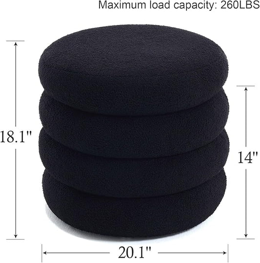 Flouki 20.1" Storage Ottoman Round, Vanity Stools for Bedroom, Sherpa Pouf Ottoman with Removable Lid, Modern Ottoman Stool for Girls Women, Foot Stool for Living Room, Black