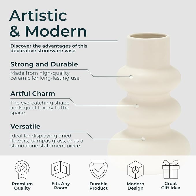 Sagebrook Home Stoneware Decorative Vase - Modern Sculptural Dolomite Flower Holder for Home & Office - 10" Ivory