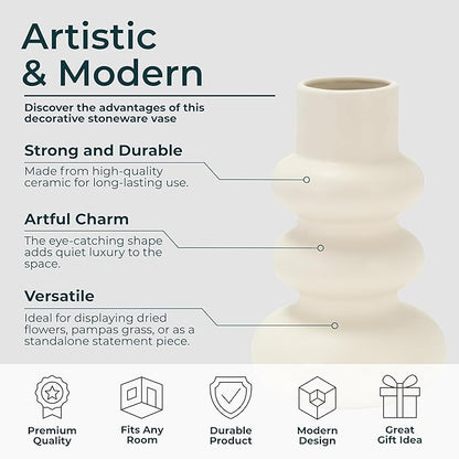 Sagebrook Home Stoneware Decorative Vase - Modern Sculptural Dolomite Flower Holder for Home & Office - 10" Ivory