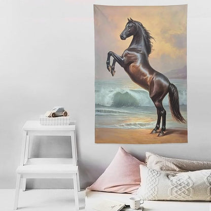JYOUQOC Horse Animal Stands On The Beach Tapestry Large Wall Art Backdrop Flag Wall Hanging Decor for Living Room Bedroom Dorm Office 60"×90"