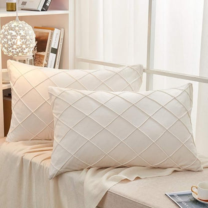 JAUXIO Diamond Pinch Pleated Crystal Velvet Pillowcases 2 Pack Solid Pintuck Throw Cushion Cover for Home Decor Hidden Zipper Closure (Cream, Standard)