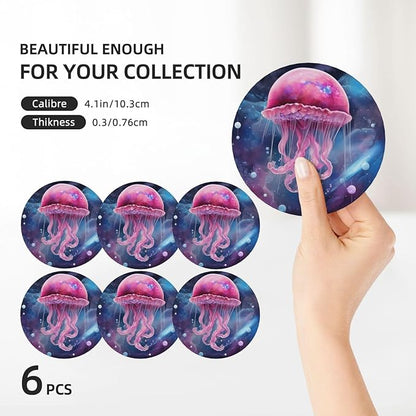 6 Pcs Ceramic Coasters with Holder Absorbent Drink Round Fantasy Galaxy Gellyfish Design for Home Table Coffee Cup Wine Beer Bar,Size 4.4 inches