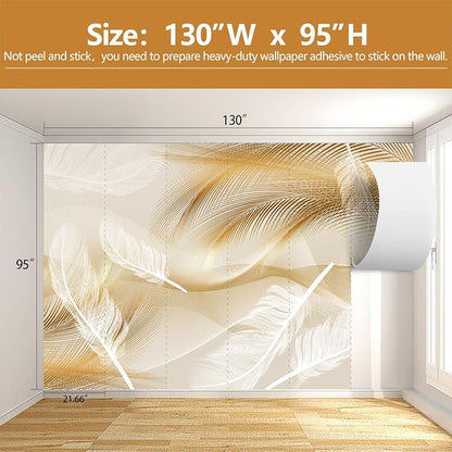 Gold and White Feather Wallpaper for Living Room Bedroom（Not Peel and Stick）