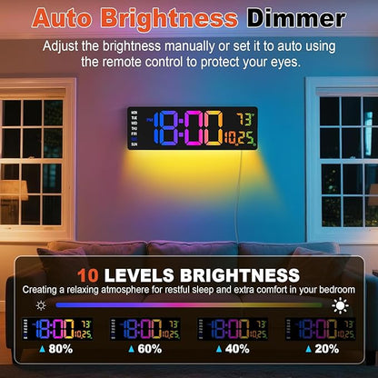 16" Large Digital Wall Clock,9 RGB Colors Digital Clock Large Display with Remote Control,Auto-Dimming,Countdown,Temp,Night Lights for Classroom,Living Room,House Warming, for Elderly