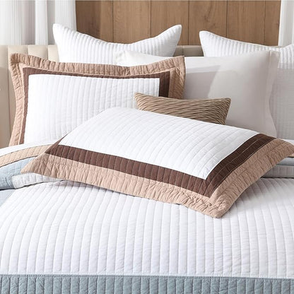 SahSahCasa 100% Cotton 120"x102" Oversized Bedspread Coverlet Quilt Set, Oversized Queen Quilted Bedspread Reversible Extra Large Quilt, XL Bed Spread Lightweight Comforter, 3pc, Brown/Gray/White