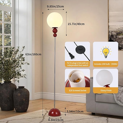 Red Floor Lamp for Living Room, Modern Floor Lamps for Bedroom，On/Off Foot Switch, Globe Standing Lights for Office Cafe, Includes E26 Bulb 15W Reading Corner Light Include 70.87in Plug Cord