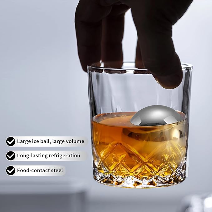 Stainless Steel Whiskey Ice Balls, Whiskey Stones, Set of 2 Reusable Metal Ice Cubes for Chilling Whiskey & Beverages - Gift Set for Men