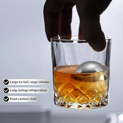 Stainless Steel Whiskey Ice Balls, Whiskey Stones, Set of 2 Reusable Metal Ice Cubes for Chilling Whiskey & Beverages - Gift Set for Men