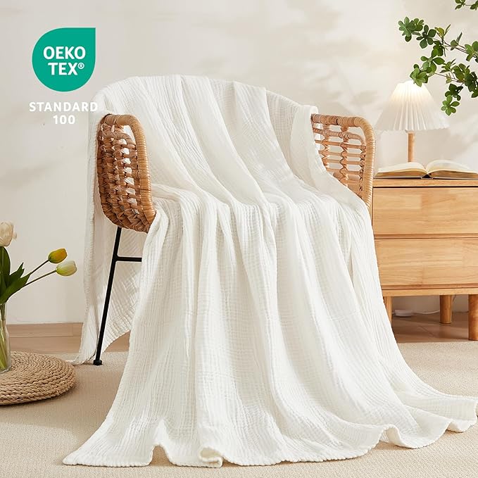 EMME Cotton Blanket King Size for Bed Soft Muslin Blankets 108"x90" Lightweight Breathable Layering Blanket Bedspread Coverlet All Season Gauze, White