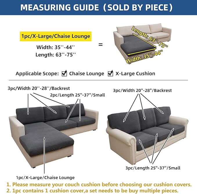 Eismodra Sectional Couch Covers Chaise Cushion Cover for Sofa L Shape Chaise Lounge Magic Stretch 3 Cushion Couch Slipcover for Dogs L Shaped Replacement Protector,Dark Gray X-Large(Only 1 Piece)