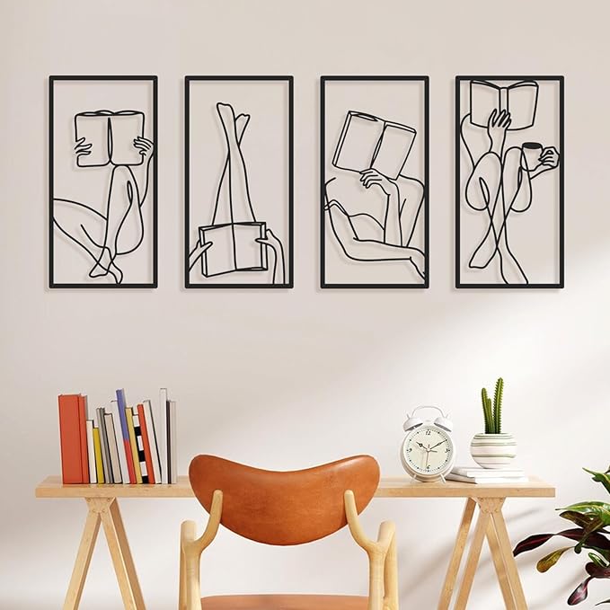 Bakovity Black Metal Wall Art, Minimalist Line Wall Decor, Abstract Woman Book Wall Decor, Modern Aesthetic Metal Art for Bedroom Bathroom Living Room (4 Pcs, 17 x 9 in)