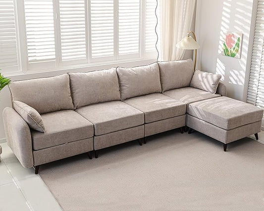135'' Modular Sectional Sofa with Seats Storage, Oversized L Shaped Couch with Deep Seat,4-Seater Comfy Cloud Couches for Living Room,Movable Ottoman,2 Throw Pillow,Chenille,Khaki