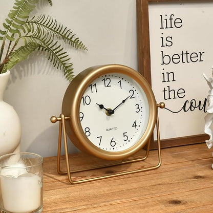 Vintage Golden Table Clock - Elegant Battery Operated Office, Living Room, and Bedroom Clock with Minimalist Design Gold Table Decor 22x19.5x5.5cm