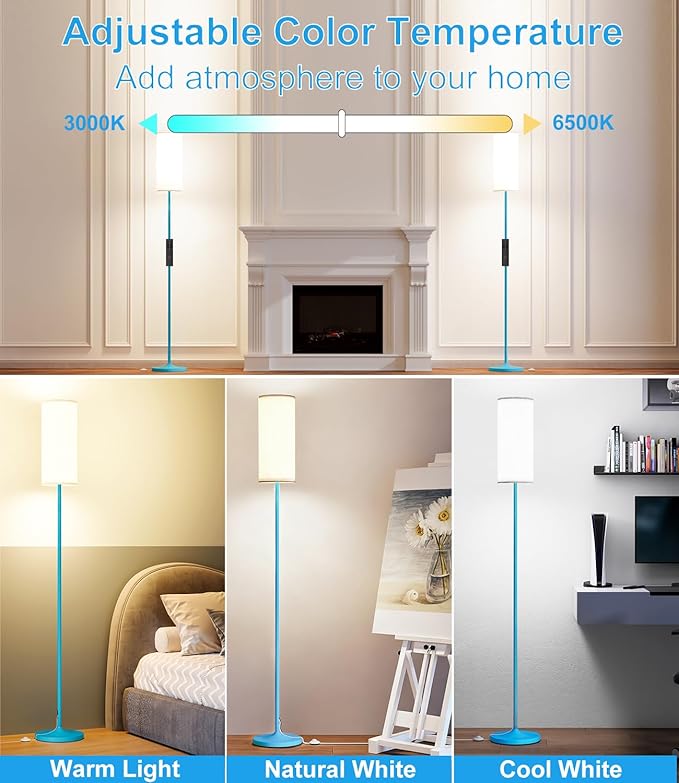 luckystyle LED Floor Lamp for Living Room, DimmableTall Lamps with Foot Switch,Remote Custom Color Temperature Blue Pole Lamp with Lampshade,12W Led Bulb Standing Lamps for Bedroom Office Kid Room