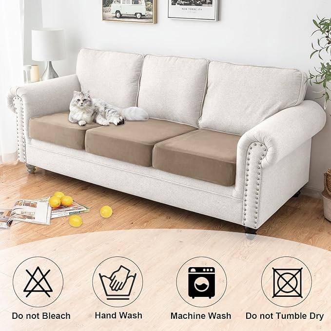 NAISI Waterproof Couch Cushion Covers Thick Velvet Fabric Washable Sofa Slipcovers 3 Pieces Individual Sectional Couch Covers with Elastic Bottom(3 Pcs for 3-Seat or Backrest,Sand)