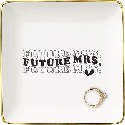 NZY Funny Engagement Gift for Bride,Future Mrs-Bride to Be-Newly Engaged-Bridal Shower Gifts for Her-Bachelorette Party Present for Women-Wedding-Ceramic Jewelry Tray Trinket Holder Ring Dish