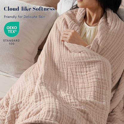 PHF Cooling Muslin Blanket Twin Size 60"x80", 6-Layer Lightweight Gauze Blanket Made from 35% Rayon Derived from Bamboo & 65% Cotton, Breathable & Ultra Soft Cozy for Hot Sleepers, Cameo Rose