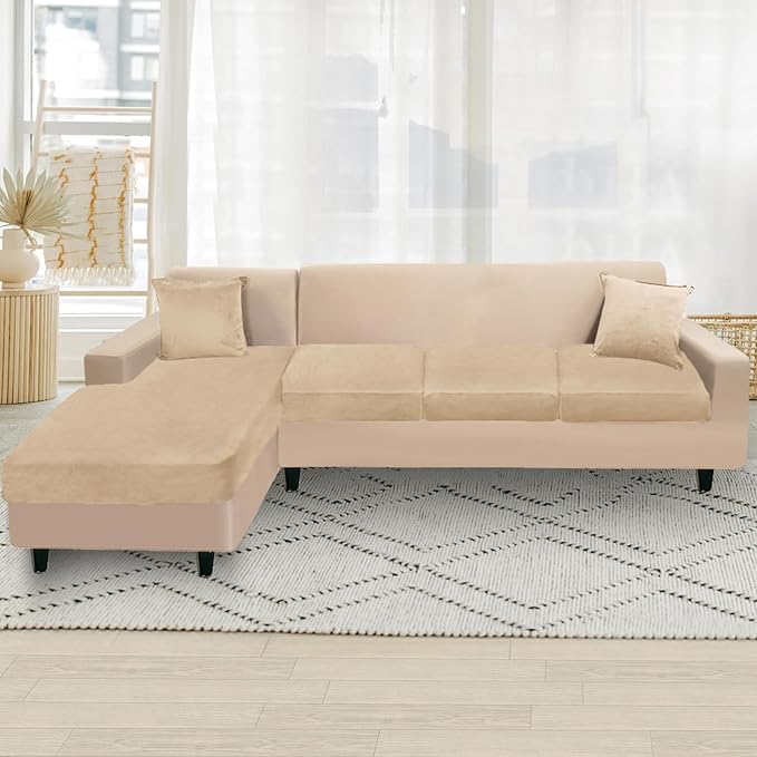 NAISI Sectional Couch Cover 4 Pieces Velvet Separate Couch Cushion Covers L Shape Soft Stretch Sofa Slipcovers with 2pcs Pillowcases for Left/Right Chaise Sectional Sofa(3 Seater+1 Chaise,Camel)