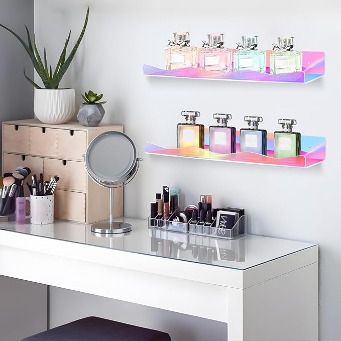 6 Pack Iridescent Acrylic Floating Shelves, 15.7" Clear Acrylic Display Shelves Bookshelf Wall Mounted, Bathroom Kids Room Home Storage Wall Decor Ledge Shelf for Skincare, Perfume, Nail Polish