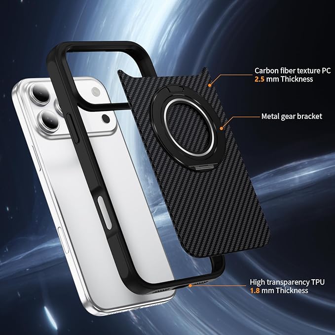 Mag-Stand Carbon Fiber Case for iPhone 17 Pro Max, 360° Rotate Magnetic Stand, Compatible with MagSafe, 15FT Military Protection, Slim Shockproof Magnetic Kickstand Mag Phone Case for Men Women