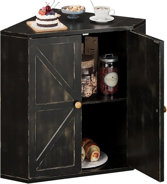 Corner Bread Box for Kitchen Counter Double Layer Bamboo Bread Storage Container Large Capacity Bread Storage Bin Farmhouse Breadbox Organizer (Antique Black)