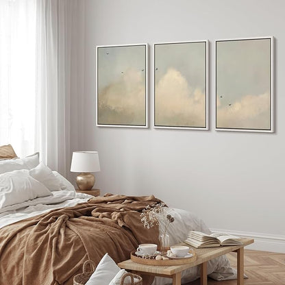 MUDECOR Framed Wall Art Print Set Minimalist Serene Sky with Birds Illustrations Modern Art Boho Decorative Colorful Chic for Living Room, Bedroom, Office - 16"x24"x3 White