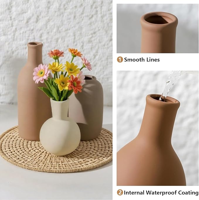 Modern Ceramic Vase Set, Neutral Decorative Vases for Home Decor, Small Flower Pottery Vase Sets for Pampas Grass Dried Flowers, for Happy Birthday Gifts, Self Care Gift