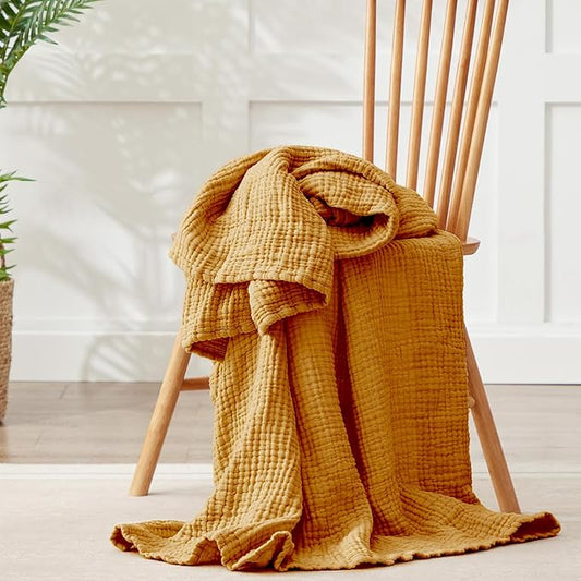 100% Cotton Muslin Blanket Large 50"x 70", 6 Layers Breathable and Lightweight Cotton Throw Blankets for Couch, Soft Cooling Summer Gauze Blanket for Adults All Season, Mustard