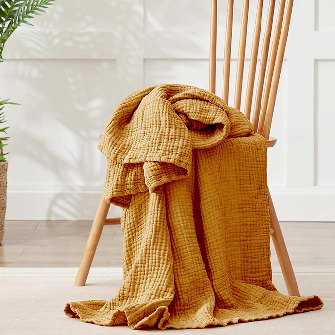 100% Cotton Muslin Blanket Queen 90" x 90", 6 Layers Breathable and Lightweight Cotton Throw Blankets for Bed, Soft Cooling Summer Gauze Blanket for Adults All Season, Mustard