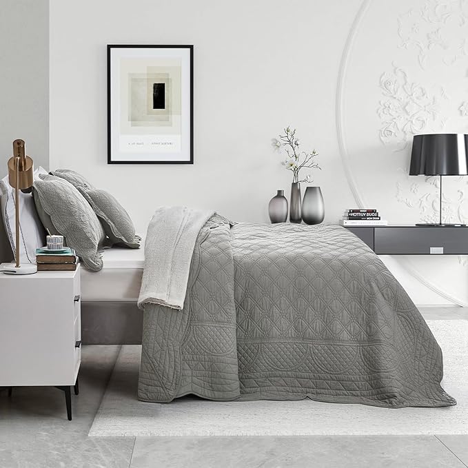 CHIXIN Cotton Bedspread Full Size - Real Stitching - Luxury Quilted Bedding Cover for All Season, Reversible, Ultra Soft, Lightweight, 3 Piece, Grey