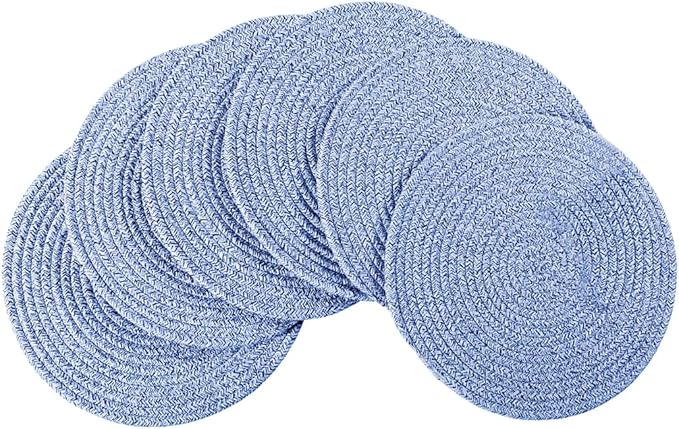 6Pcs Woven Placemats, Mix Blue Cotton Rope Woven Vintage Place Mats, 13.8'' Round Plate Chargers Wicker Tablemats Farmhouse Boho Braided Heat Resistant Outdoor Placemat for Patio Table Decor