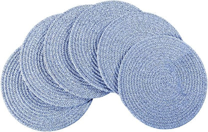 6Pcs Woven Placemats, Mix Blue Cotton Rope Woven Vintage Place Mats, 13.8'' Round Plate Chargers Wicker Tablemats Farmhouse Boho Braided Heat Resistant Outdoor Placemat for Patio Table Decor