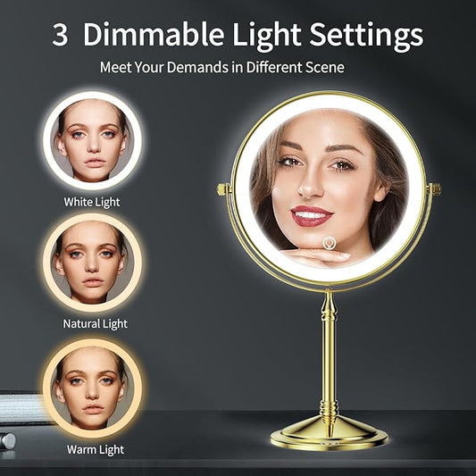 DOWRY 4000 mAh Rechargeable Lighted Makeup Mirror 10x Magnification Vanity Mirror Tabletop Two-Sided Swivel Gifts for Women Wife Mom Teengirls Gold Finish