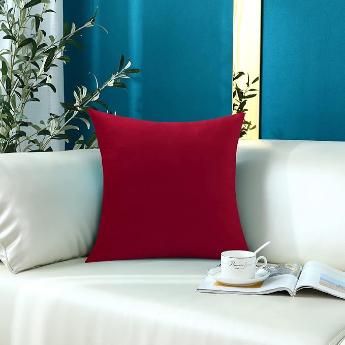 mixeoo Comfy Christmas Red Throw Pillow Covers Decorative Square Solid Thick Velvet Super Soft Cushion Cases Home Decor for Sofa Couch Living Room Chair, Set of 1, 24 x 24 Inch