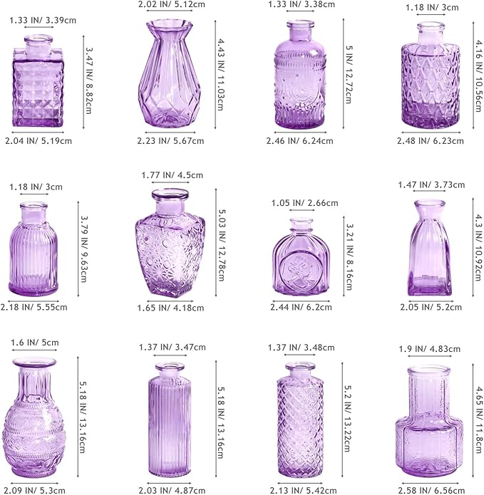 Violet Purple Glass Bud Vases in Bulk 12, Small Vintage Textured Flower Vases for Wedding Centerpieces, Baby Shower, Party Event, Decorative Mini Vase Bottles Set for Flower, Home Table Decor