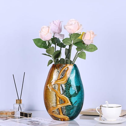 Teal Glass Vase,Hand Blown Green Flower Bulk,Murano Glass Vases,Unique Table Decor, Flowers with Decorative,Teal Vase Decor,for Bookshelf,Living Room,Office,Gift (M)