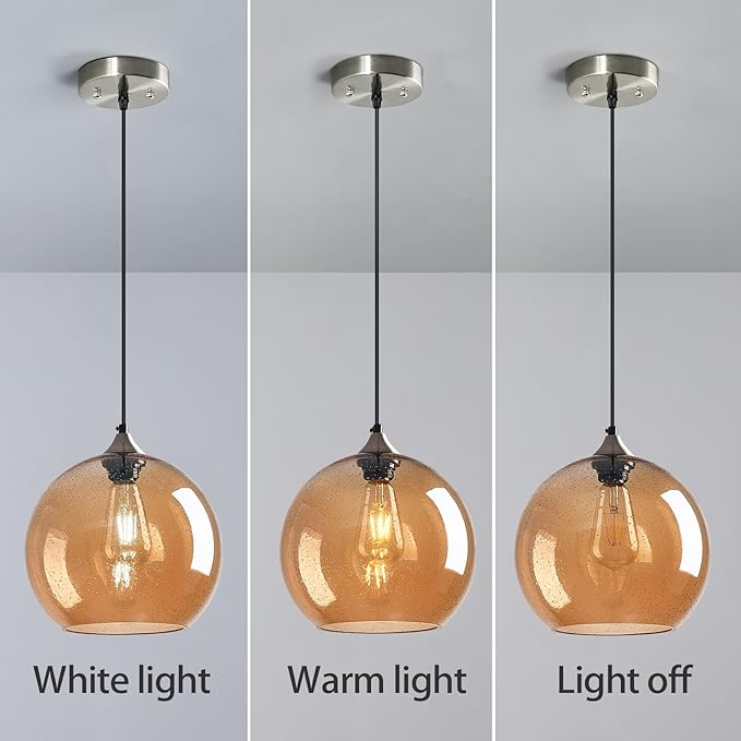 Amber Glass Pendant Lights Kitchen Island Globe Pendant Light Fixtures Modern Pendant Lighting for Bedroom Living Dining Room Light Fixture (9.84 in, 3 Pack)