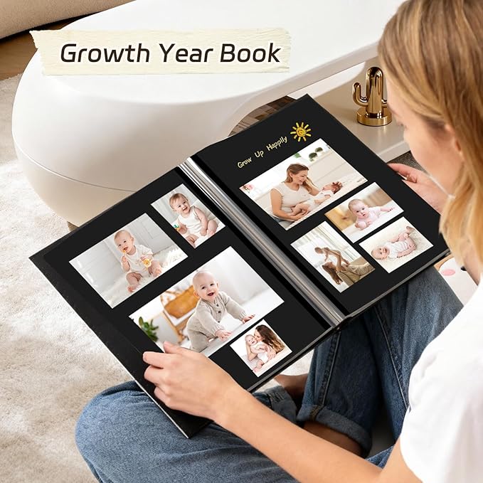 RECUTMS Photo Album Self Adhesive 60 Pages 4x6 5x7 8x10 Photos of Any Size White Inner Button Grain Leather DIY Scrap Book Baby Photo Albums Family Wedding Anniversary Photo Book Album （Black）