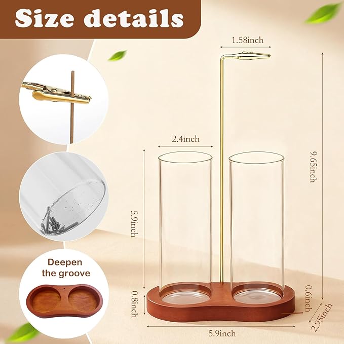 Incense Holder for Sticks 2 in 1 Incense Burner Holder with Storage & Ash Catcher Wooden Base, Glass Vessels, Metal Clip for Meditation, Yoga, Spa, Home & Garden Decor (Two Bases Included)
