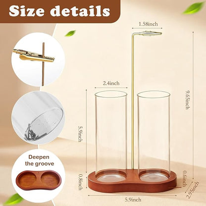 Incense Holder for Sticks 2 in 1 Incense Burner Holder with Storage & Ash Catcher Wooden Base, Glass Vessels, Metal Clip for Meditation, Yoga, Spa, Home & Garden Decor (Two Bases Included)