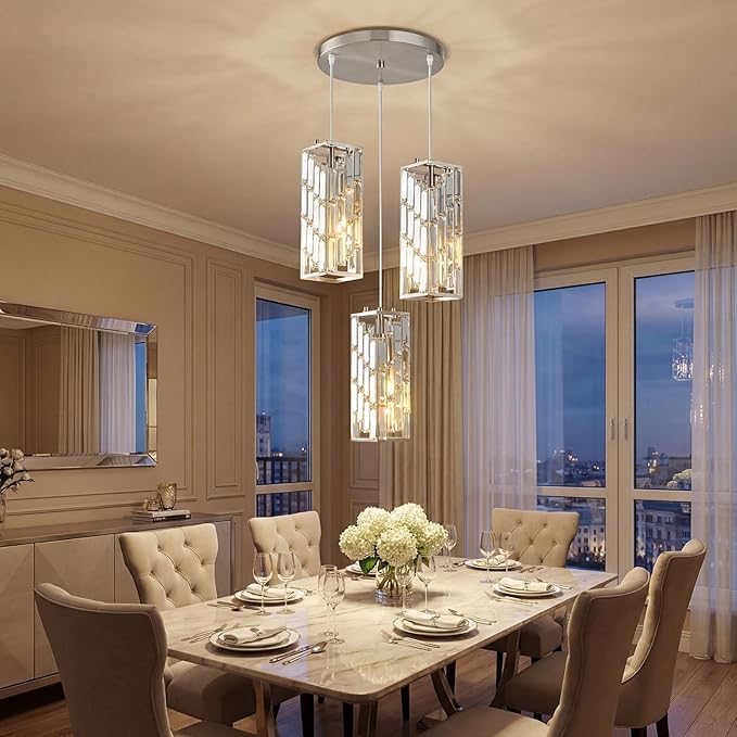 Brass Nickel Pendant Lighting Modern Pendant Light, Mini Crystal Chandeliers,Adjustable Pendant Light Fixture for Kitchen Island Dinning Room Bedroom (3 Light)
