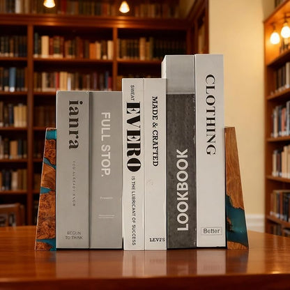 Glow in The Dark Bookends, Wood Bookends for Shelves,Blue Luminous Book Ends with Burl Wood and Resin,Decorative Book Stopper Binder and Dividers, Blue, Large,Unique Desk Decor for Home Office Library