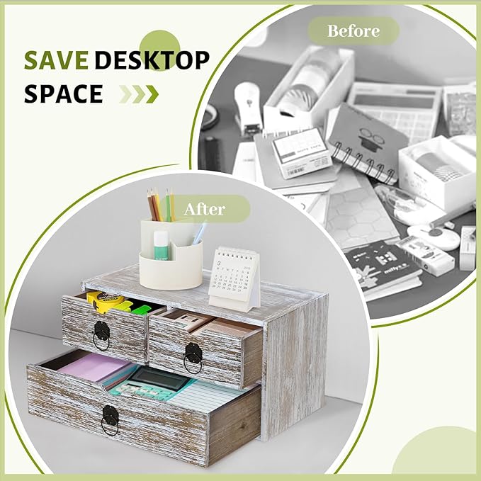 Washed Brown Wood Desk Organizer, Desktop Organizer with Drawers, Mini Tabletop Storage Organization Container for Home Office Supplies, No Assembly Required (3 Drawer)