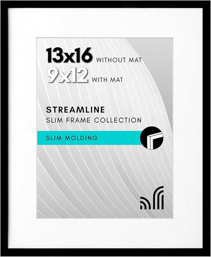 Americanflat 13x16 Picture Frame with Polished Plexiglass - Use as 9x12 Frame with Mat or Display 13x16 Photo Without Mat - Streamline Collection - Thin Border Picture Frames for Wall - Black