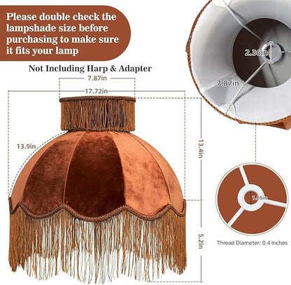 Caramel-colored velvet fringe lampshade 7.8" Top x 17.7" Bottom x 13.4" High x 15 Slant"- Large Dome with Scalloped Edge & Fringe Tassels, for Table/Floor Lamps (1, Caramel, Large)