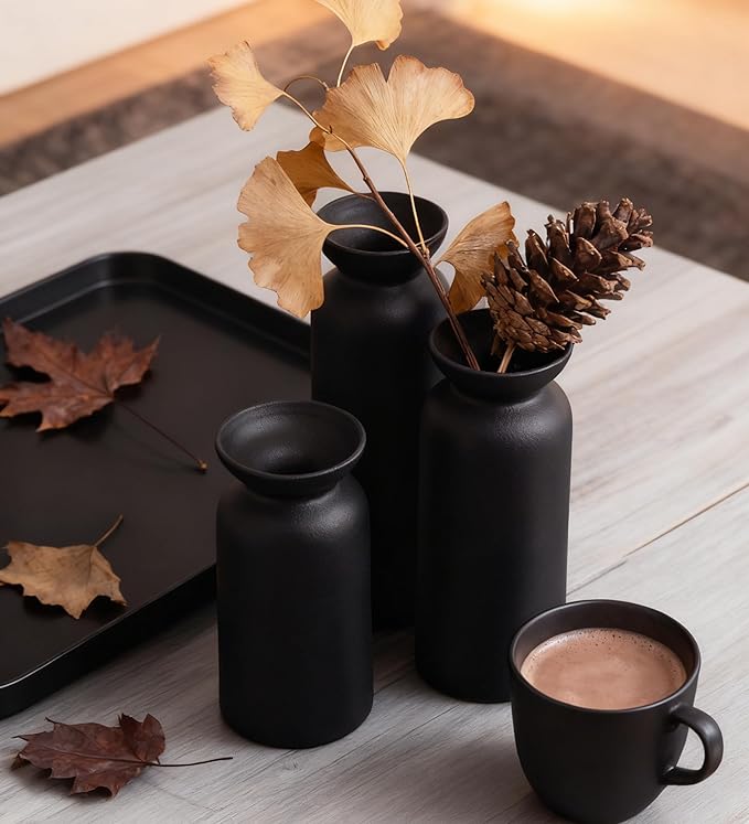 Black Ceramic Vase Set of 3 Small Boho Modern Room Decor for Home Decor Farmhouse Centerpiece Table Decorations