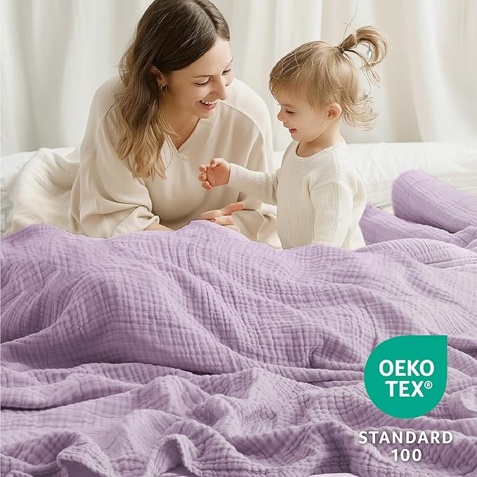 100% Cotton Muslin Blanket Queen 90" x 90", 6 Layers Breathable and Lightweight Cotton Throw Blanket for Bed, Soft Quilt Bedspread Coverlet, Gauze Blanket for Adults All Season, Lavender