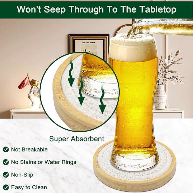 Bamboo Coasters for Drinks, Absorbent Coaster Sets of 5, Woven Drink Coasters for Coffee Table, Housewarming Gift for Farmhouse Home Decor,4 inches (White Series)