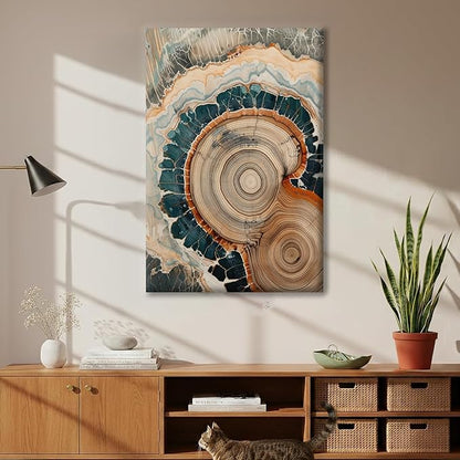 IBHJSART Framed Tree Ring Canvas Wall Art Vintage Colorful Wood Stump Painting Prints Modern Minimalist Pictures Neutral Nature Rustic Farmhouse Decor Living Room Bedroom Bathroom Office