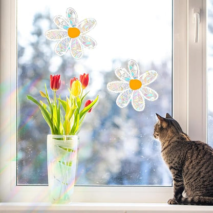 6 PCS Daisy Sun Catcher Sticker Prevent Birds Strikes, Static Cling Rainbow Window Film, Flower Window Clings for Glass Decal Non Adhesive, Reusable Window Stickers
